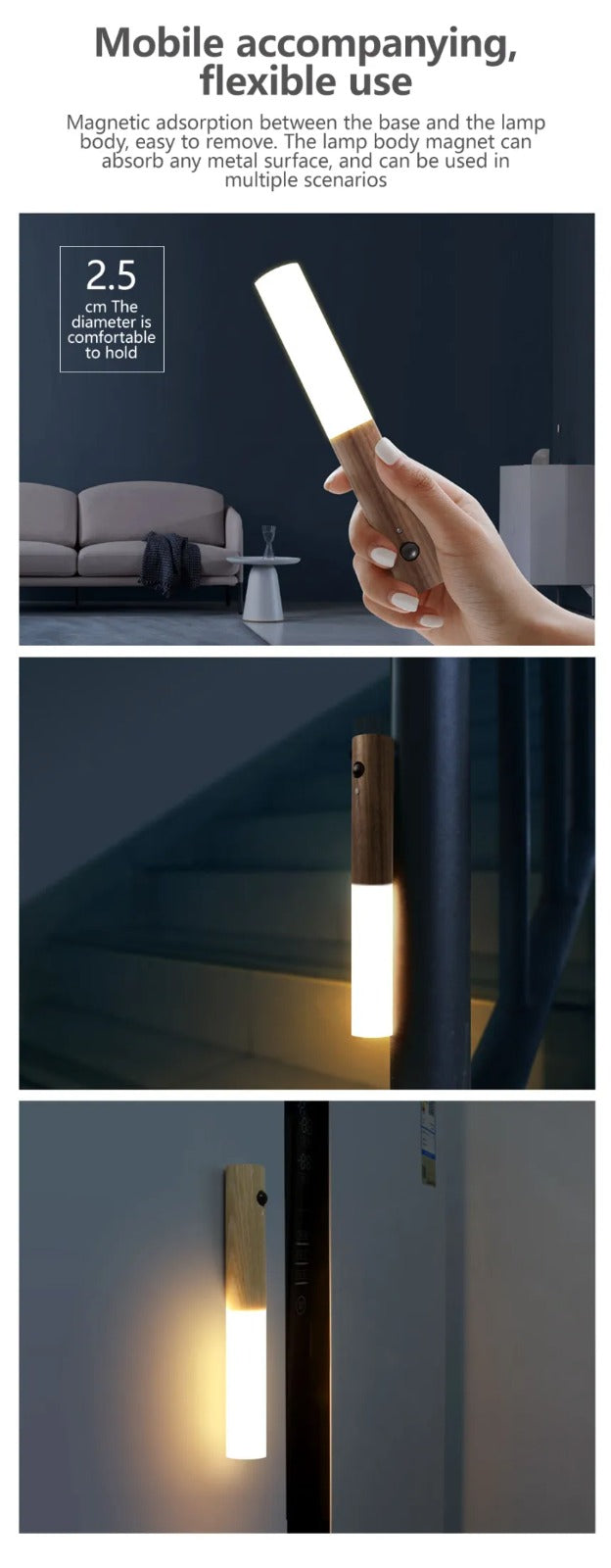 LED Wood Night Light PIR Motion Sensor Magnetic Wall Lamp USB Rechargeable Lights Home Staircase Bedroom Lamp Bedside Lighting
