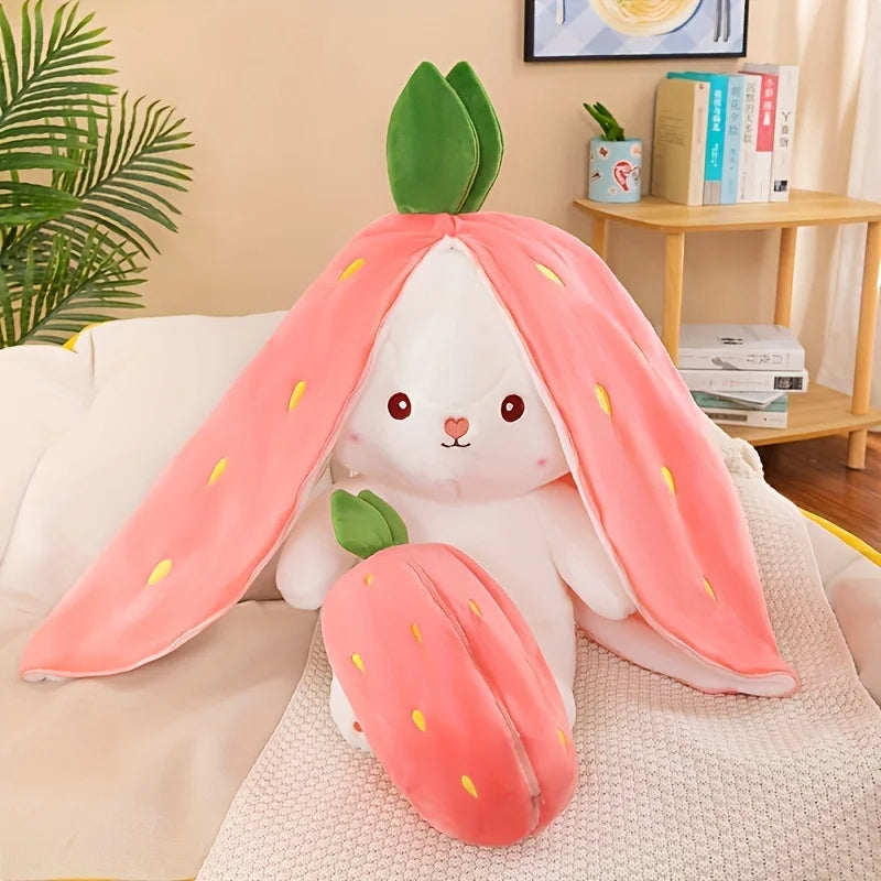 Cute Teddy Bear for Girls - Soft Stuffed Carrot Rabbit Plush Doll - Cute Stuffed Bunny Reversible Zipper Bag - Cute Kids Birthday Gift - Cute Teddy Bear for Girls - Stuffed Toys for Girls - Strawberry Rabbit - Stuffed Sleeping Toy - Birthday Gift for Girl