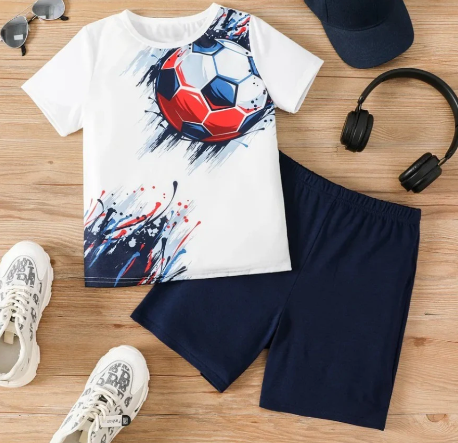 Boys summer T-Shirt with Shorts FOOTBALL GRAPHIC SET WHITE
