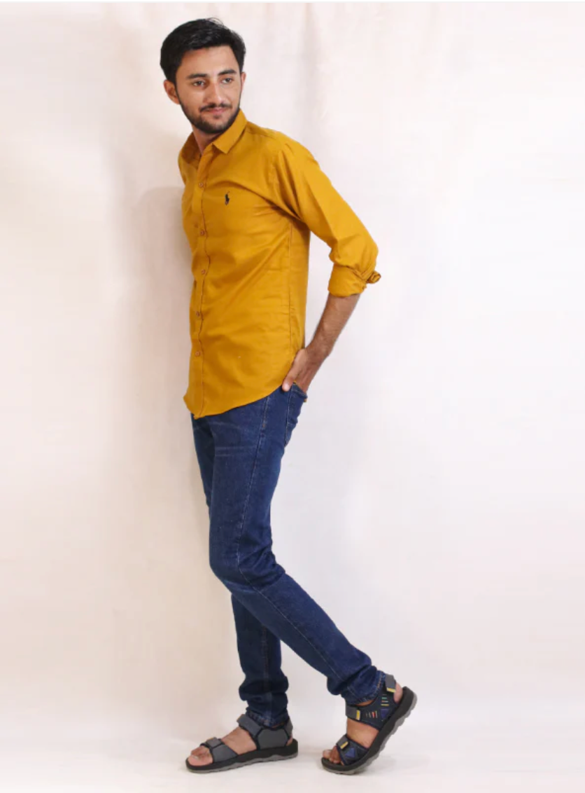 Men’s Mustard Chambray Casual Shirt – Trendy, Lightweight & Bold Style