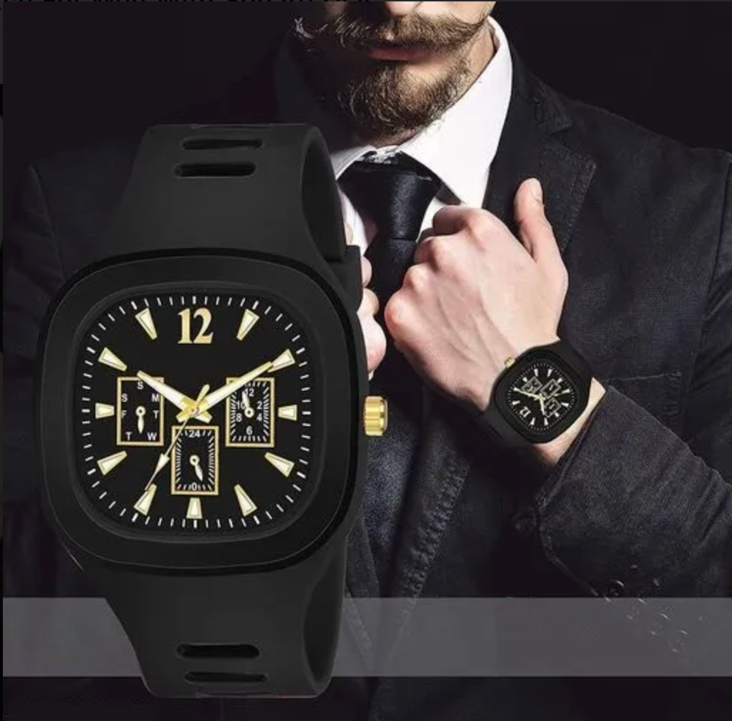 Men’s Black Silicone Square Dial Watch – Stylish & Sporty Quartz Wristwatch with Durable Strap | Modern Casual Watch for Men
