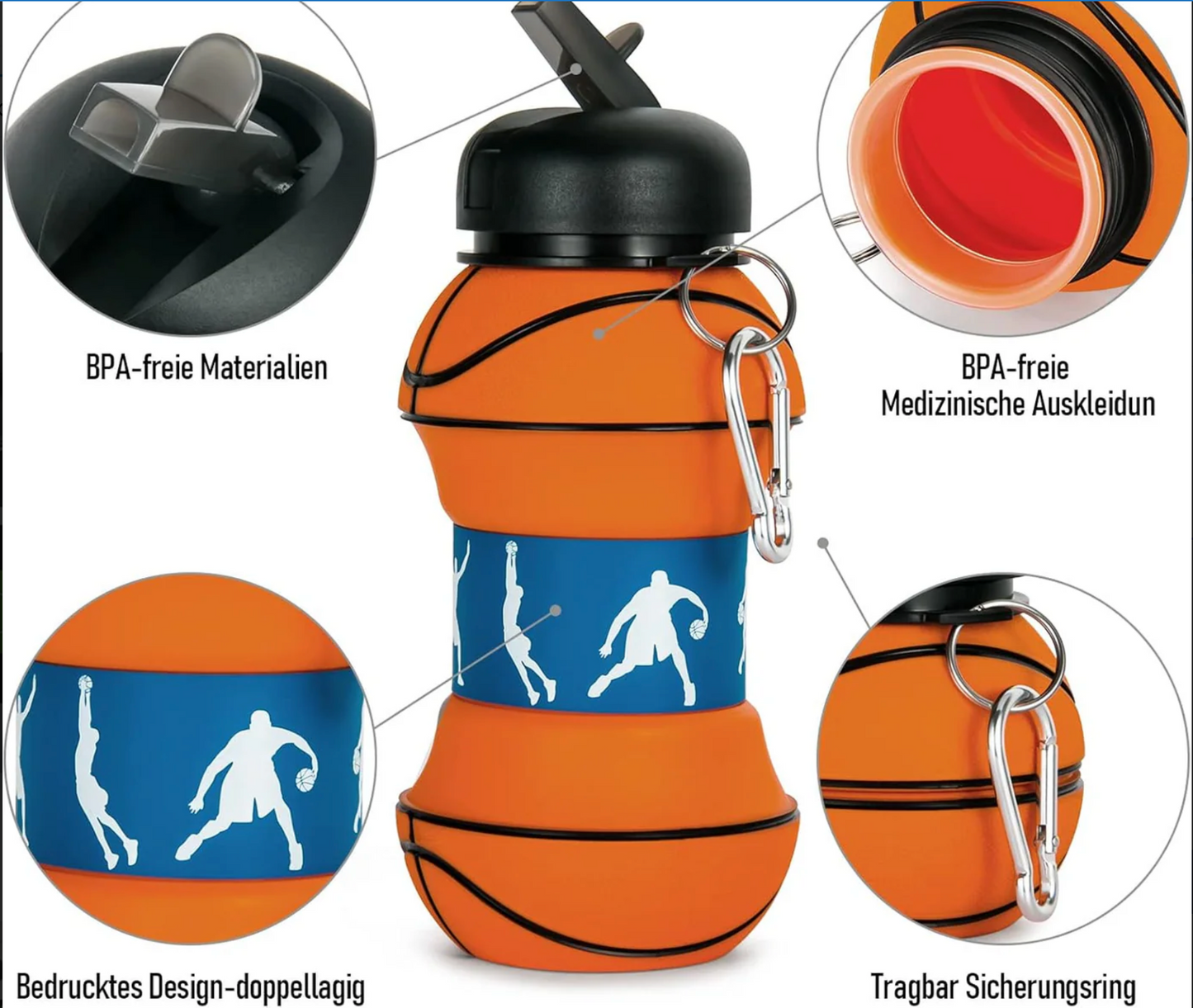 Collapsible Kids Water Bottle with Basketball Design – Leak-Proof, BPA-Free, Food Grade Silicone, Portable & Foldable Sports Bottle for School, Travel & Outdoor Use
