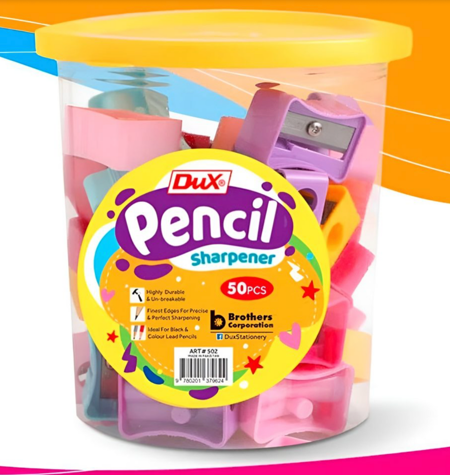 Pack of 50 Dux Plastic Pencil Sharpeners – Durable 8mm Blade, Multicolor Design with Transparent Shavings Jar | Ideal for School, Office, Art & Home Use