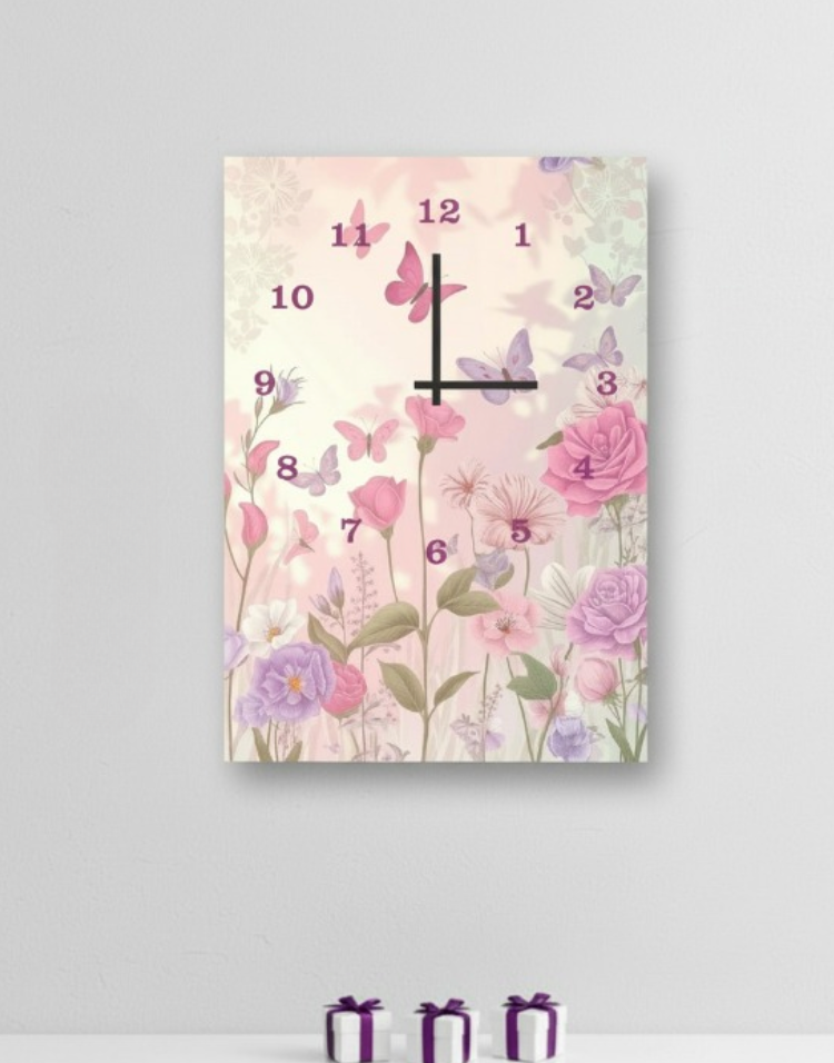 Floral Garden-Inspired Digital Printed Wooden Wall Clock, Hanging Decor With Butterflies, Roses & Elegant Hook Mount