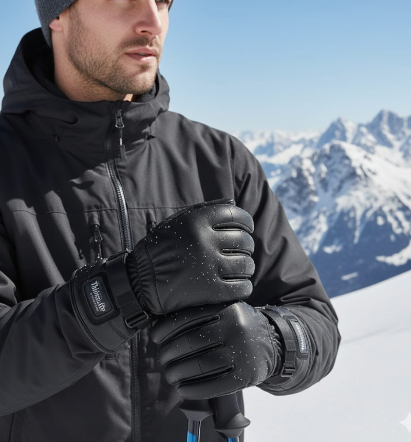 Men’s Genuine Sheep Leather Winter Gloves – Black Motorcycle Riding Gloves with Warm Thermal Lining