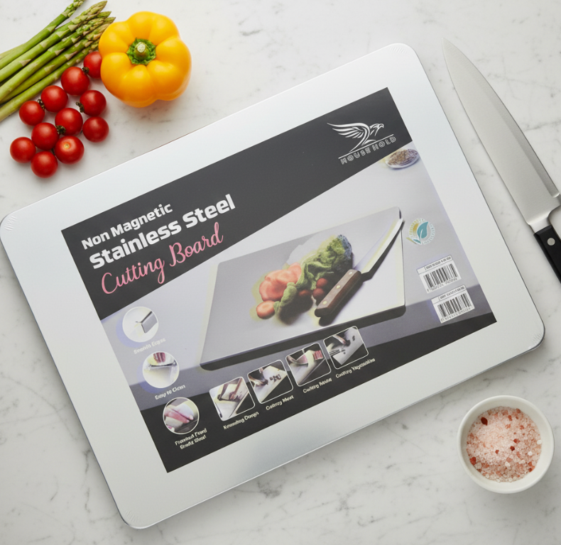 Marble Cutting Board Slab with Pure Stainless Steel Fitting – Non-Magnetic | 30 × 40 cm