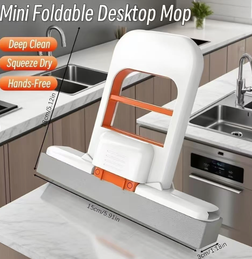 Foldable Desktop Mini Sponge Mop | Portable Wet & Dry Cleaning | Self-Squeezing Mop For Kitchen, Bathroom, Car & Glass