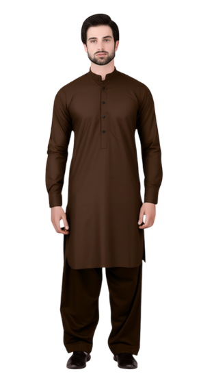 Men’s Dark Brown Stitched Kameez Shalwar – Classic & Elegant Traditional Suit