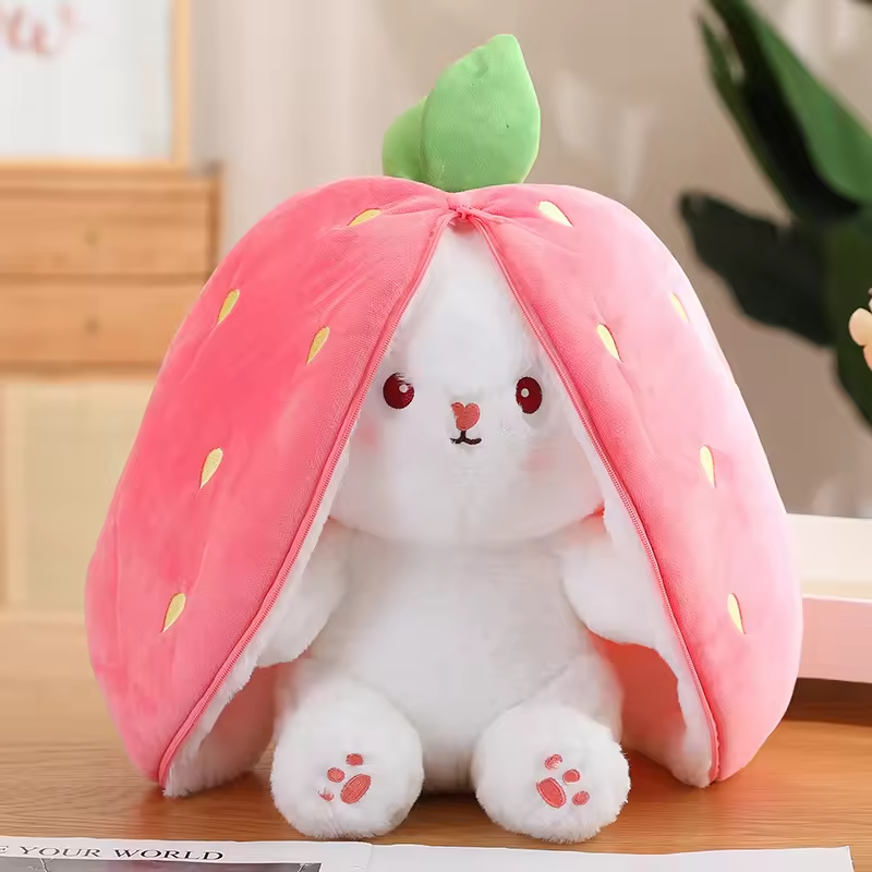 Cute Teddy Bear for Girls - Soft Stuffed Carrot Rabbit Plush Doll - Cute Stuffed Bunny Reversible Zipper Bag - Cute Kids Birthday Gift - Cute Teddy Bear for Girls - Stuffed Toys for Girls - Strawberry Rabbit - Stuffed Sleeping Toy - Birthday Gift for Girl