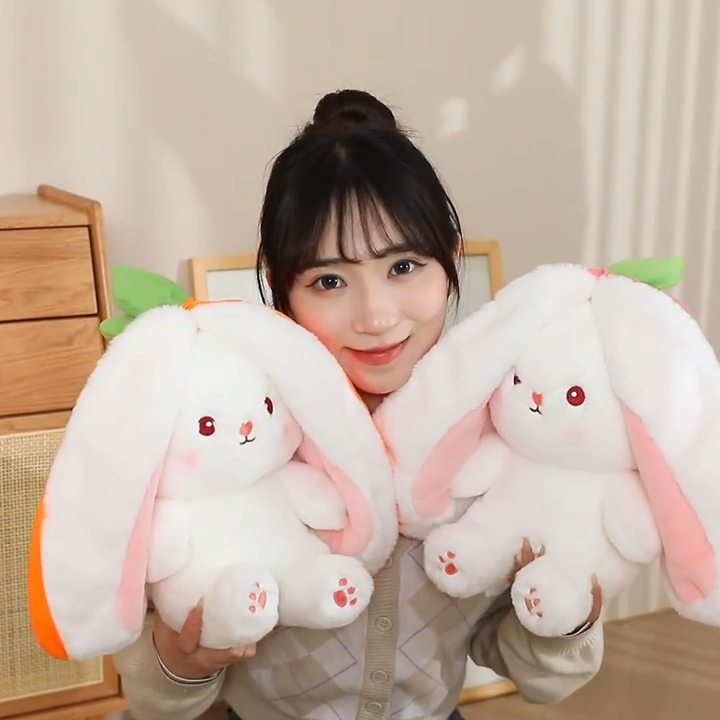 Cute Teddy Bear for Girls - Soft Stuffed Carrot Rabbit Plush Doll - Cute Stuffed Bunny Reversible Zipper Bag - Cute Kids Birthday Gift - Cute Teddy Bear for Girls - Stuffed Toys for Girls - Strawberry Rabbit - Stuffed Sleeping Toy - Birthday Gift for Girl