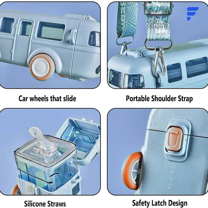 Bus Shape School Water Bottle | 500ml | With Strap | Cute & Leak-Proof | Random Color