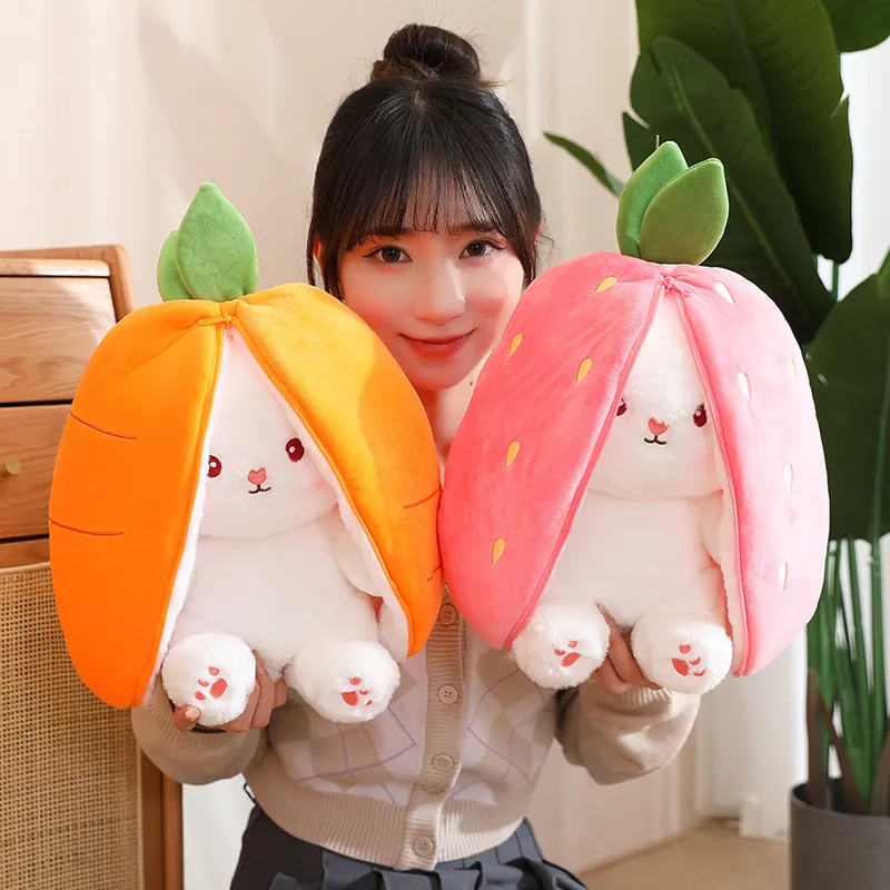 Cute Teddy Bear for Girls - Soft Stuffed Carrot Rabbit Plush Doll - Cute Stuffed Bunny Reversible Zipper Bag - Cute Kids Birthday Gift - Cute Teddy Bear for Girls - Stuffed Toys for Girls - Strawberry Rabbit - Stuffed Sleeping Toy - Birthday Gift for Girl