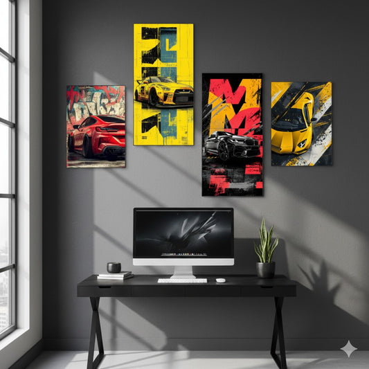 Set of 4 Automotive Canvas Wall Prints | Wooden Sticky Wall Tiles | Easy Peel & Stick | 8x16” & 8x11”