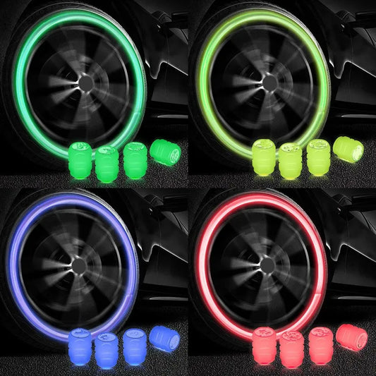 4pcs Luminous Valve Caps Fluorescent Night Glowing Cars,Motorcycle,Bicycle,Bike Wheel Tyre Hub Luminous Valve Stem Caps Decors