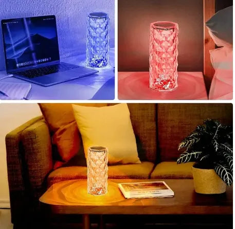 16-Color Diamond Rose Crystal Touch Lamp – USB Rechargeable Acrylic Bedside Table Lamp with Remote Control