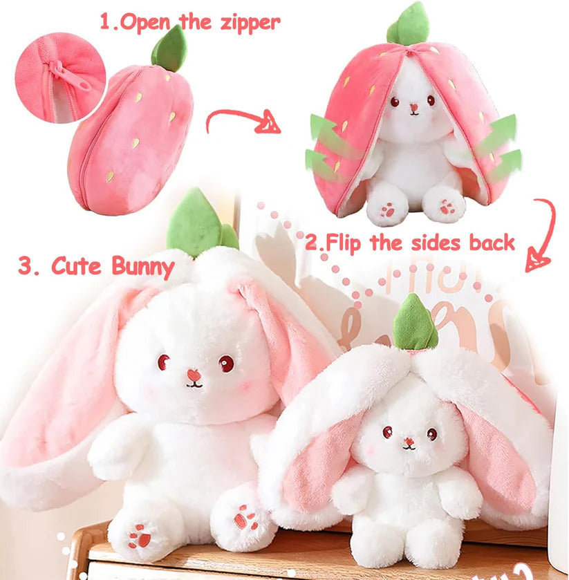 Cute Teddy Bear for Girls - Soft Stuffed Carrot Rabbit Plush Doll - Cute Stuffed Bunny Reversible Zipper Bag - Cute Kids Birthday Gift - Cute Teddy Bear for Girls - Stuffed Toys for Girls - Strawberry Rabbit - Stuffed Sleeping Toy - Birthday Gift for Girl