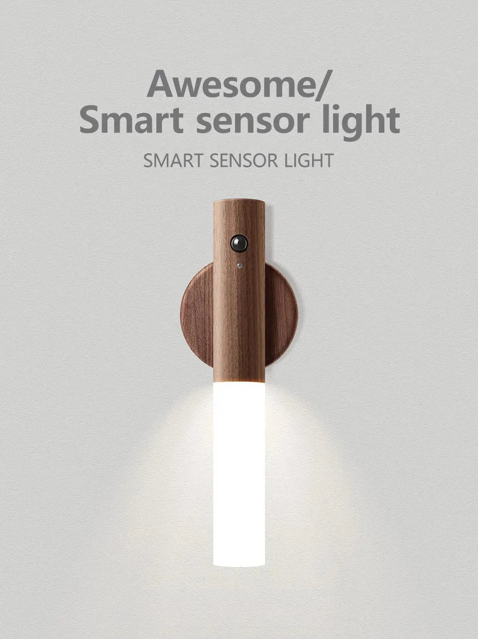LED Wood Night Light PIR Motion Sensor Magnetic Wall Lamp USB Rechargeable Lights Home Staircase Bedroom Lamp Bedside Lighting