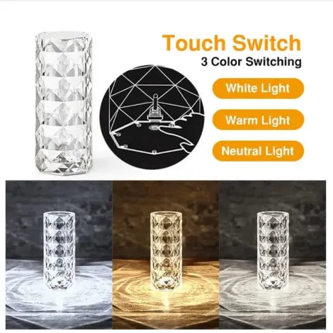 16-Color Diamond Rose Crystal Touch Lamp – USB Rechargeable Acrylic Bedside Table Lamp with Remote Control