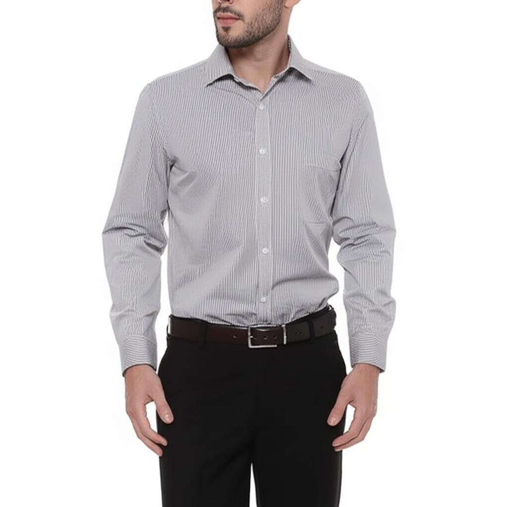 Men’s Formal Dress Shirt with Light Grey Lines – Classic Striped Office Shirt
