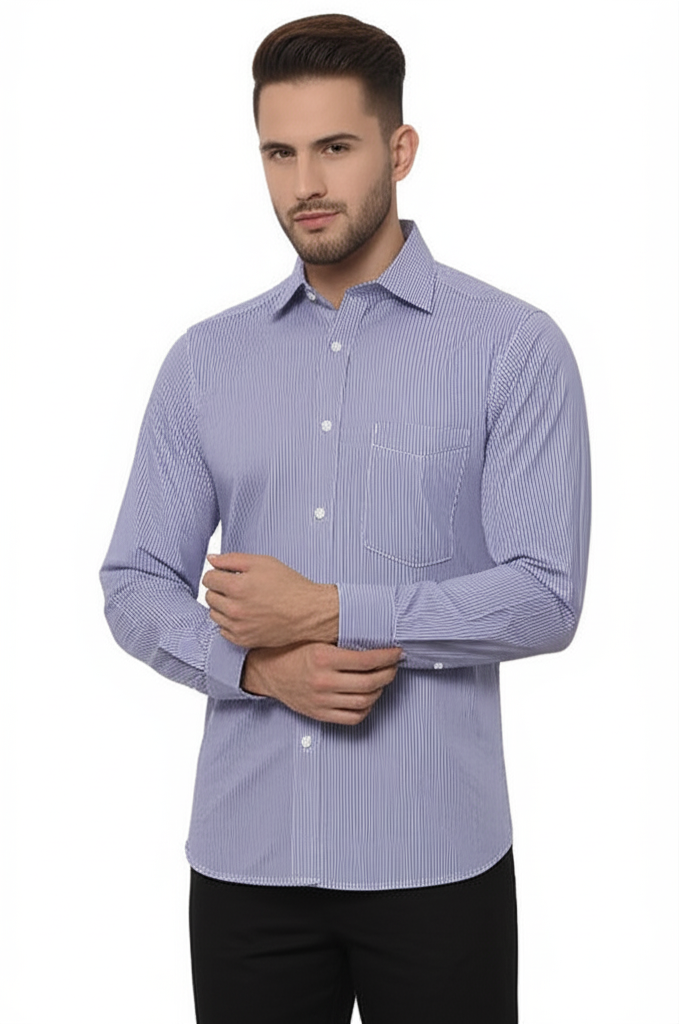 Men’s Formal Dress Shirt with Navy Blue Lines – Classic Striped Office Shirt