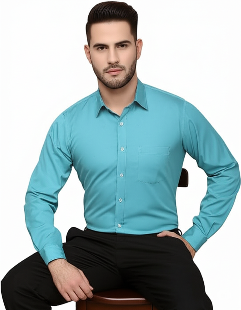 Men’s Formal Dress Shirt in Plain Persian Green – Elegant Slim Fit Office Wear