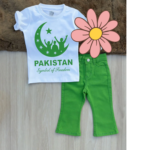 Girls’ 14 August Independence Day Outfit – White Printed T-Shirt & Green Bell Bottom Pants | Azadi Dress for Kids