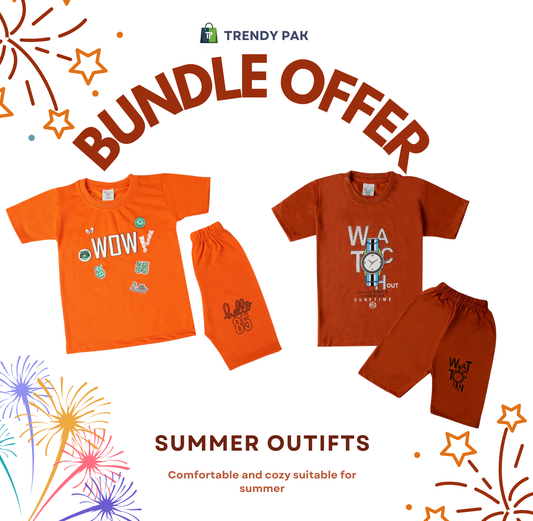 Bundle Offer 2 Pcs Boys Half Sleeves Suit - Orange & Rust