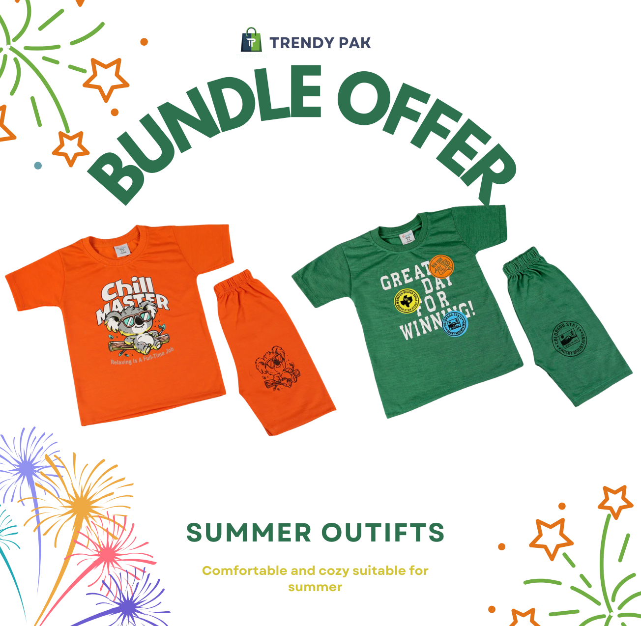 Bundle offer 2 Pcs Boys Half Sleeves Suit - Orange & Green