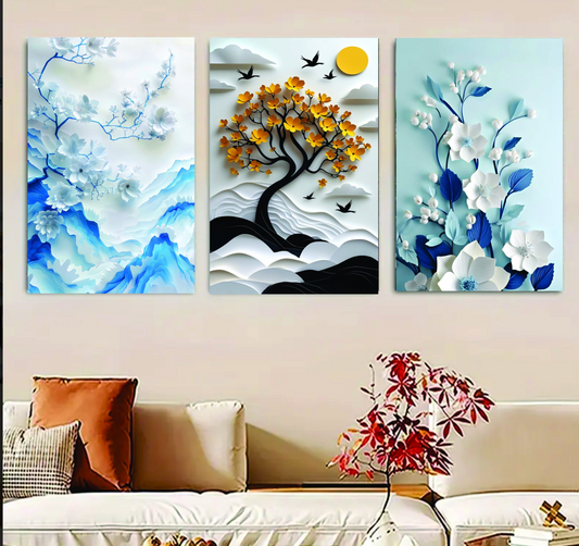 Set Of 3 Flower Tree Art Wooden Frames For Wall Decoration / Sticky Photo Tile
