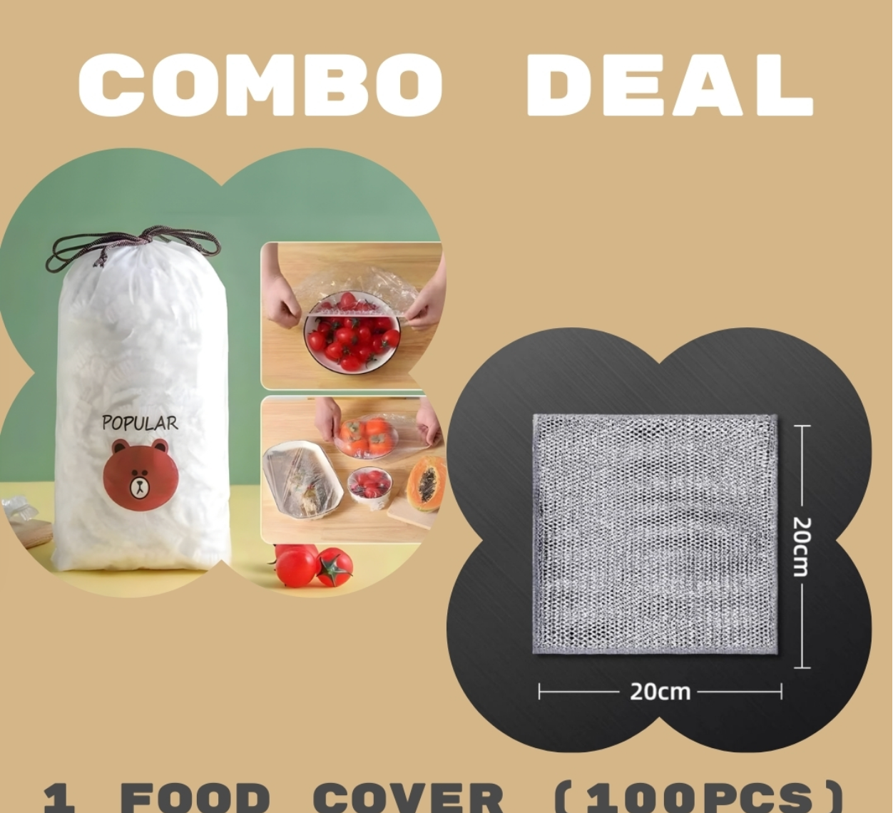 Combo Deal Disposable Food Cover Plastic Wrap 100 Pcs + 2 Pcs Dishwashing Rug | Reusable Elastic Food Storage Covers & Metal Wire Dish Washing Rugs For Kitchen