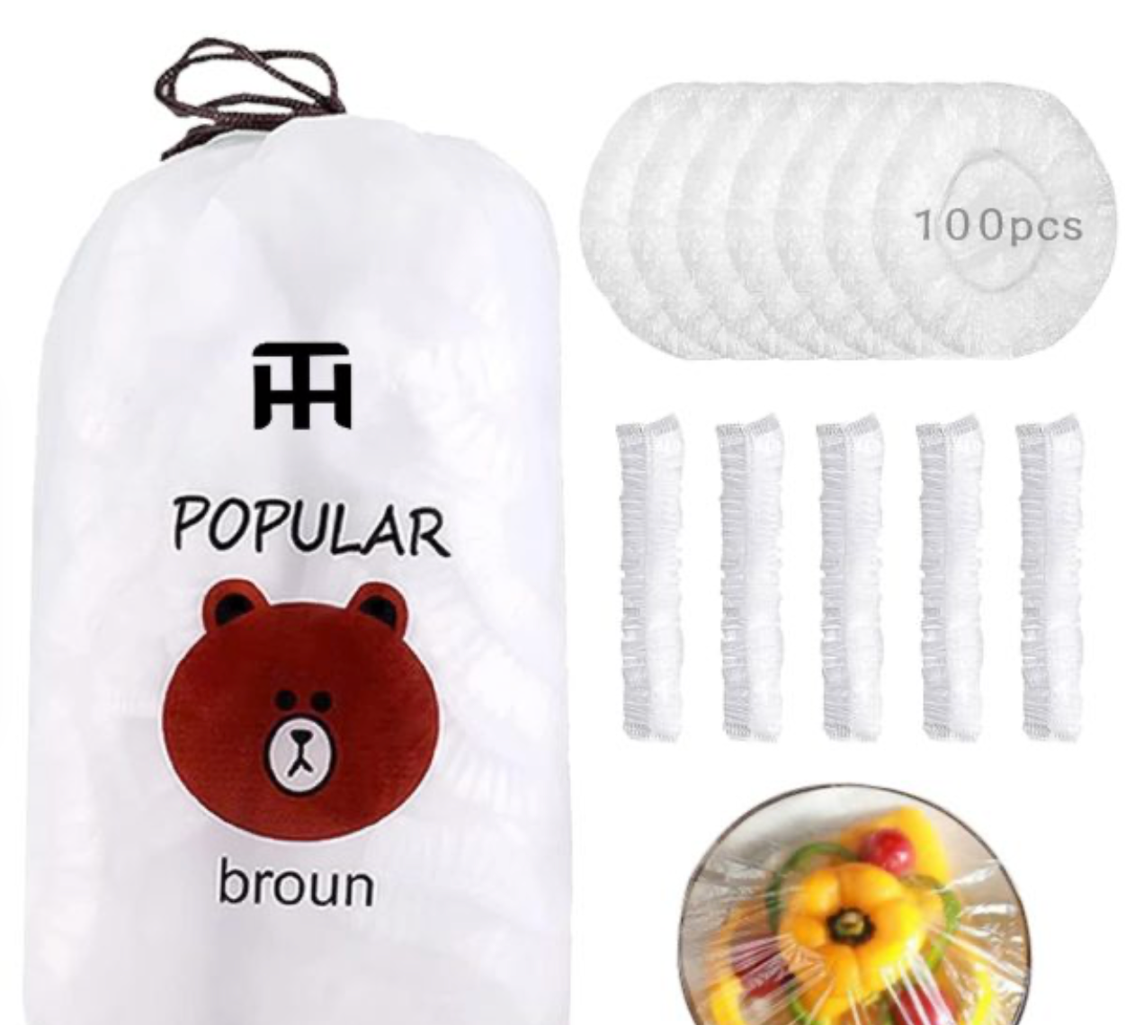 Combo Deal Disposable Food Cover Plastic Wrap 100 Pcs + 2 Pcs Dishwashing Rug | Reusable Elastic Food Storage Covers & Metal Wire Dish Washing Rugs For Kitchen