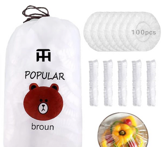 Combo Deal Disposable Food Cover Plastic Wrap 100 Pcs + 2 Pcs Dishwashing Rug | Reusable Elastic Food Storage Covers & Metal Wire Dish Washing Rugs For Kitchen