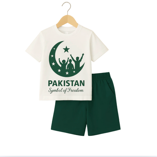 Pakistan Independence Day Kids Outfit Set – White T-Shirt and Green Shorts,Pakistan Independence Day kids outfit,Kids green and white Azadi clothes,Azadi dress set for kids