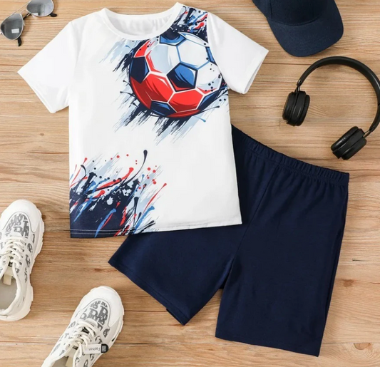 Boys summer T-Shirt with Shorts FOOTBALL GRAPHIC SET WHITE