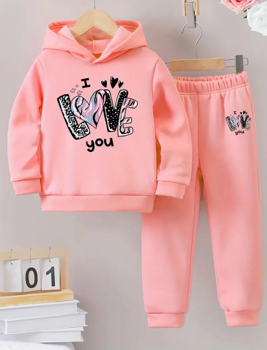 Girls Tracksuit (I LOVE YOU Letter) Graphic Kids’ Tracksuit | Cute Sweatshirt & Pants Set