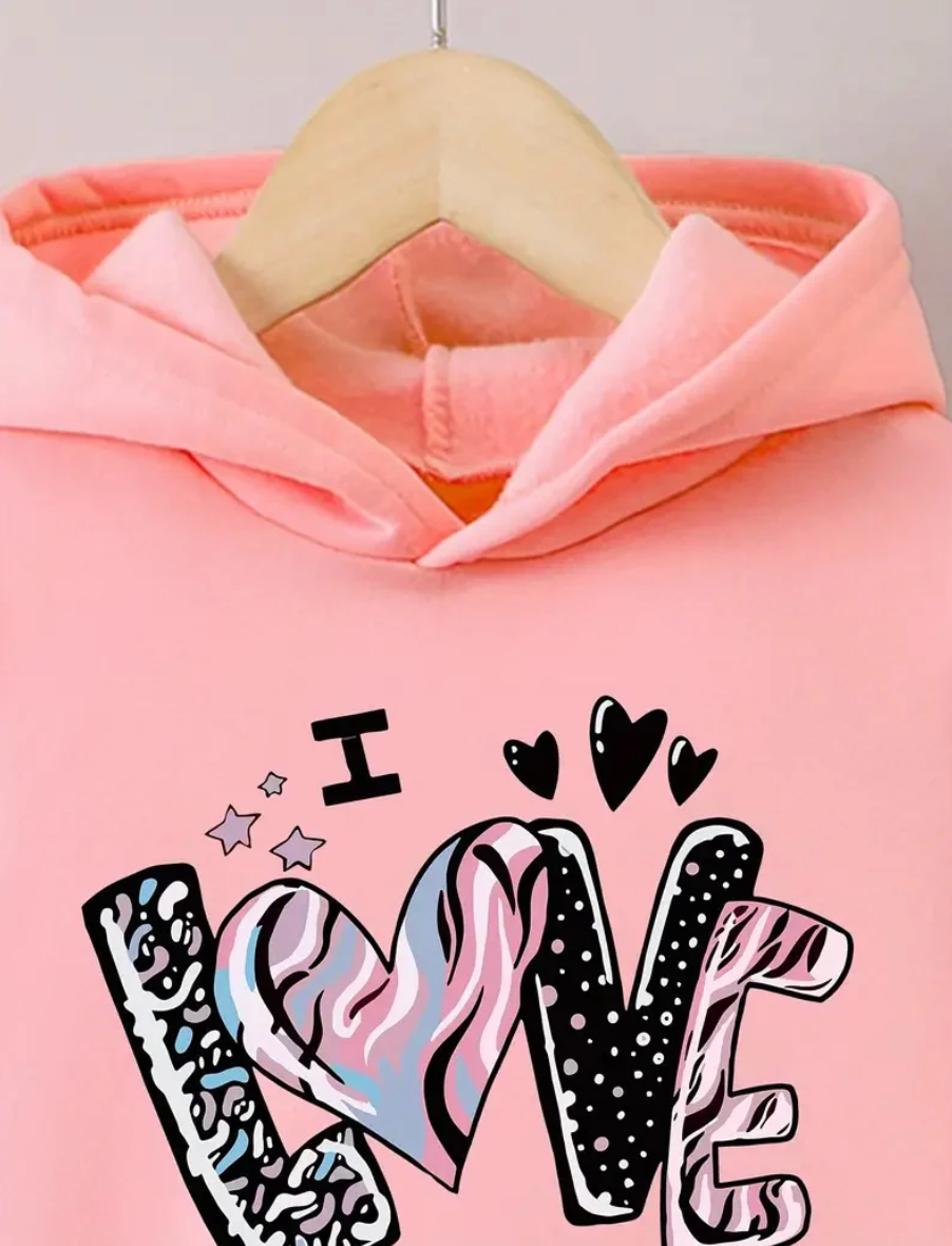 Girls Tracksuit (I LOVE YOU Letter) Graphic Kids’ Tracksuit | Cute Sweatshirt & Pants Set