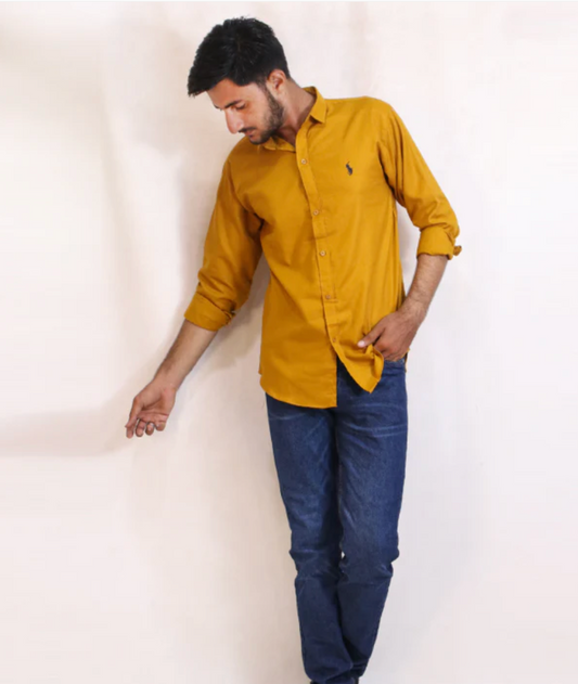 Men’s Mustard Chambray Casual Shirt – Trendy, Lightweight & Bold Style