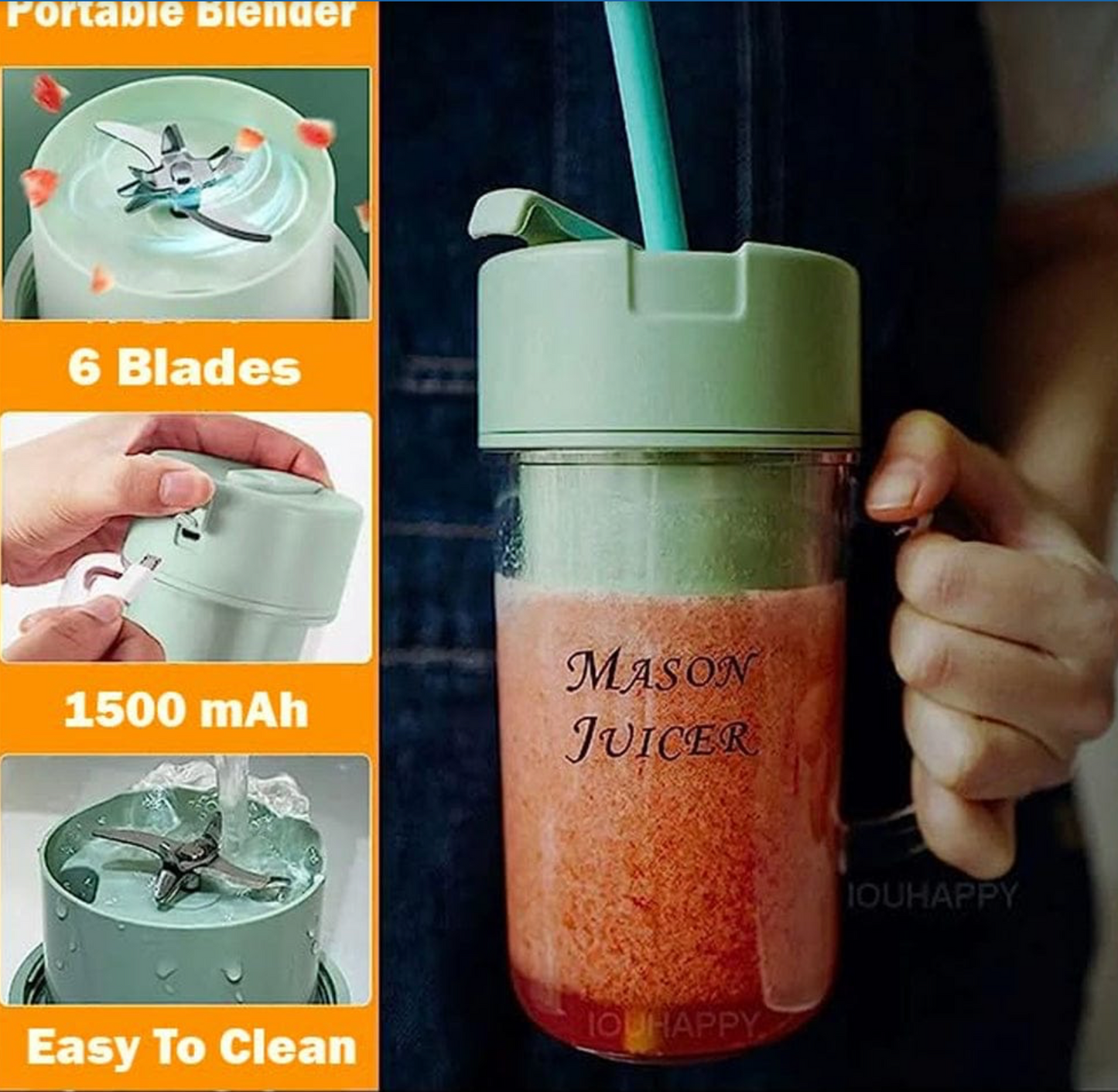 Mason Portable Mini Juicer Blender With Straw Cup | Cordless Rechargeable Outdoor Juicing Cup | Compact Home & Travel Smoothie Maker