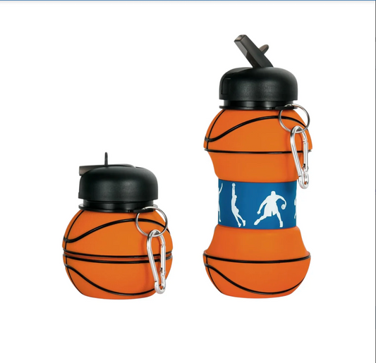 Collapsible Kids Water Bottle with Basketball Design – Leak-Proof, BPA-Free, Food Grade Silicone, Portable & Foldable Sports Bottle for School, Travel & Outdoor Use