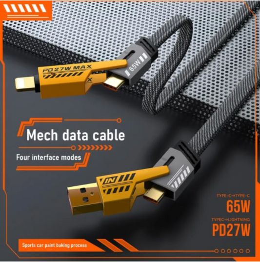 4-in-1 Data Cable Pack of 2 – Fast Charging & Data Transfer with USB-C, Lightning, Micro USB Connectors, Durable Braided Design – Black with Yellow Ends