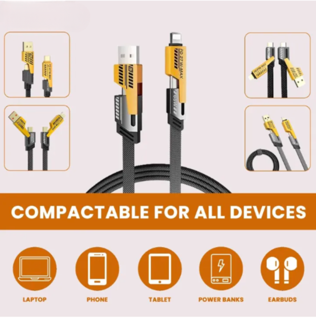 4-in-1 Data Cable Pack of 2 – Fast Charging & Data Transfer with USB-C, Lightning, Micro USB Connectors, Durable Braided Design – Black with Yellow Ends