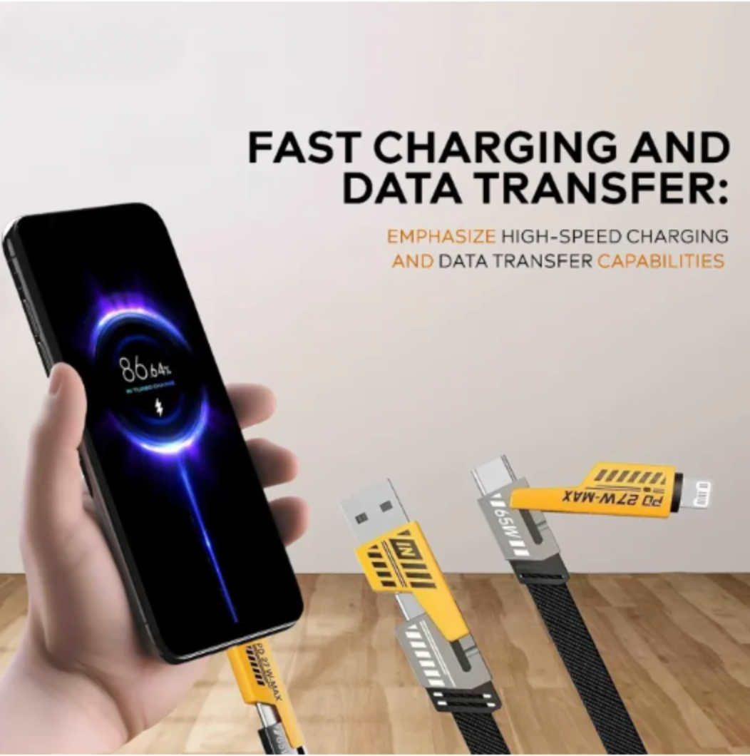4-in-1 Data Cable Pack of 2 – Fast Charging & Data Transfer with USB-C, Lightning, Micro USB Connectors, Durable Braided Design – Black with Yellow Ends