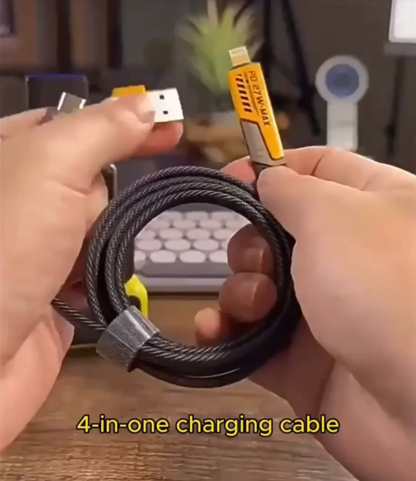 4-in-1 Data Cable Pack of 2 – Fast Charging & Data Transfer with USB-C, Lightning, Micro USB Connectors, Durable Braided Design – Black with Yellow Ends