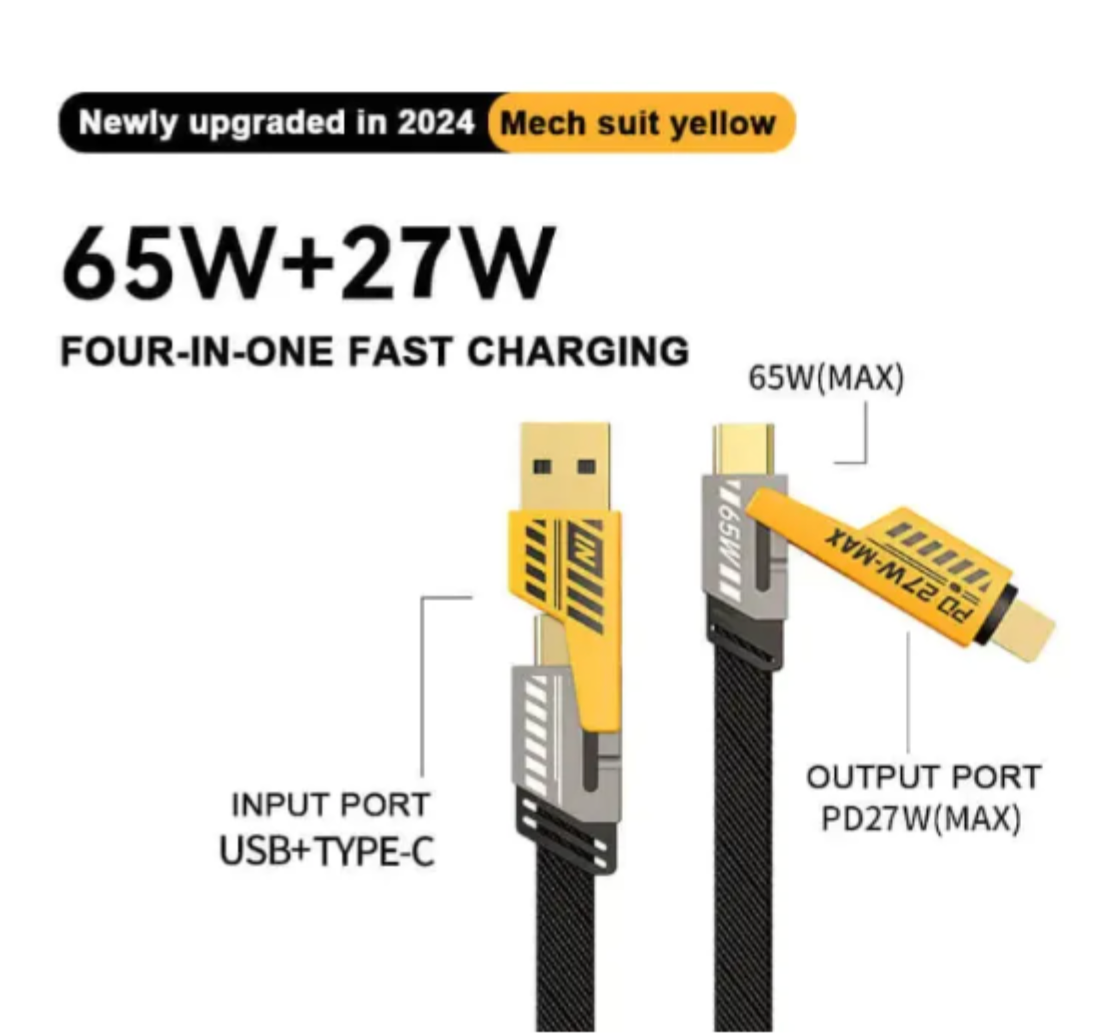 4-in-1 Data Cable Pack of 2 – Fast Charging & Data Transfer with USB-C, Lightning, Micro USB Connectors, Durable Braided Design – Black with Yellow Ends