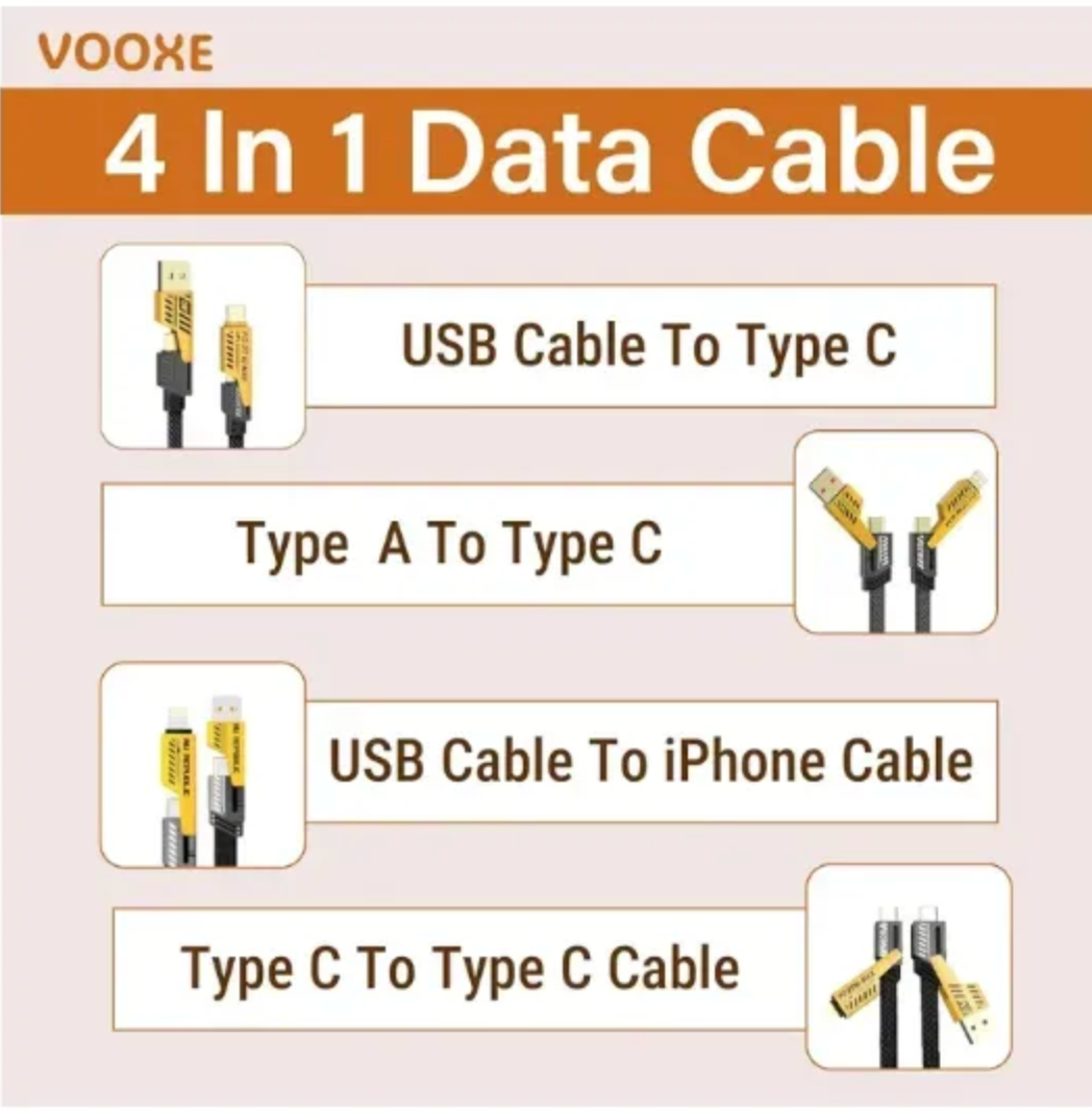 4-in-1 Data Cable Pack of 2 – Fast Charging & Data Transfer with USB-C, Lightning, Micro USB Connectors, Durable Braided Design – Black with Yellow Ends