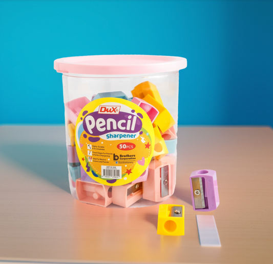 Pack of 50 Dux Plastic Pencil Sharpeners – Durable 8mm Blade, Multicolor Design with Transparent Shavings Jar | Ideal for School, Office, Art & Home Use