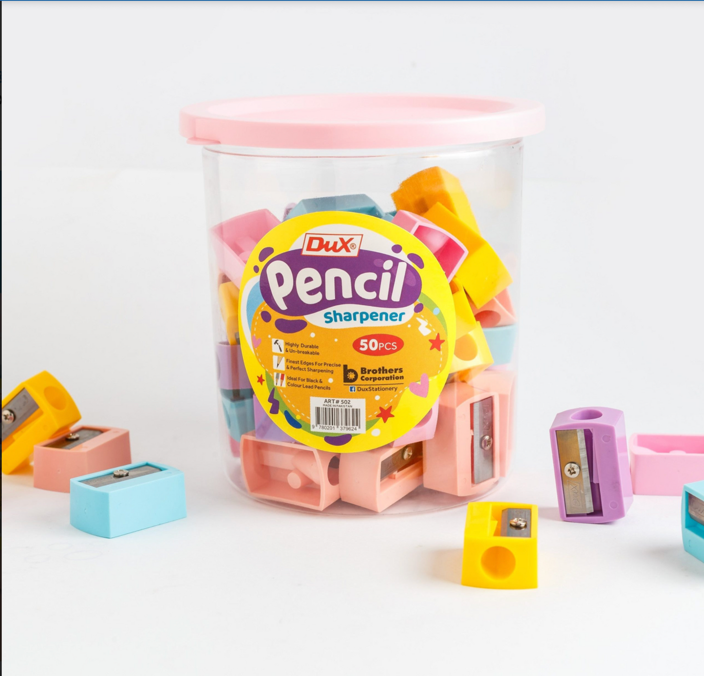 Pack of 50 Dux Plastic Pencil Sharpeners – Durable 8mm Blade, Multicolor Design with Transparent Shavings Jar | Ideal for School, Office, Art & Home Use