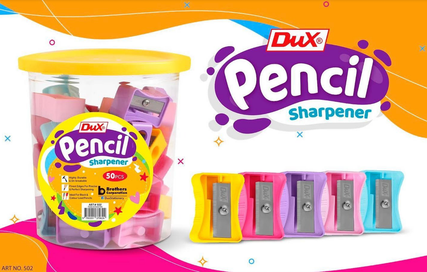 Pack of 50 Dux Plastic Pencil Sharpeners – Durable 8mm Blade, Multicolor Design with Transparent Shavings Jar | Ideal for School, Office, Art & Home Use