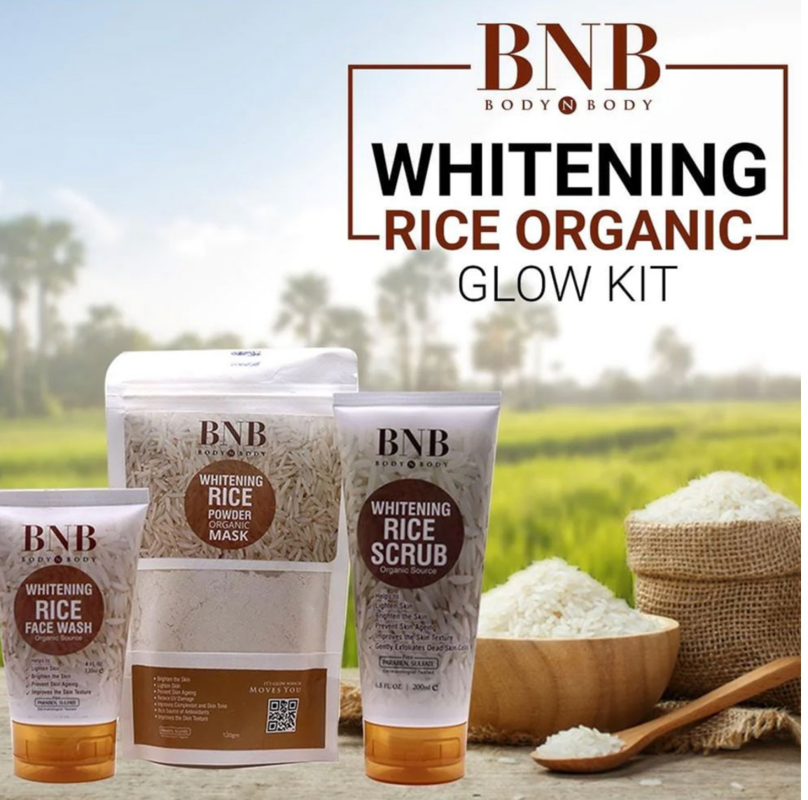 BNB Rice Extract Bright & Glow Facial Kit | 3-in-1 Whitening, Brightening & Hydrating Skincare