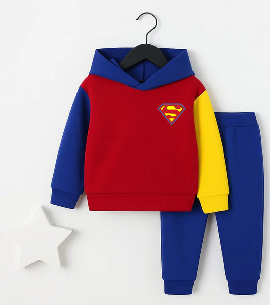 Superman Kids Tracksuit – Red, Blue & Yellow Hoodie Set for Boys